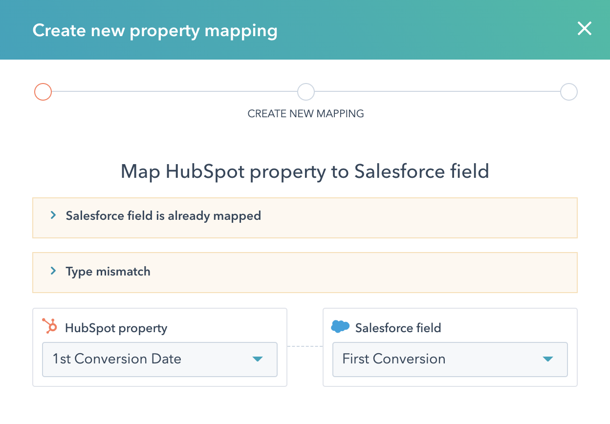 Skapa en ny egenskapsmapping i HubSpot för Salesforce.