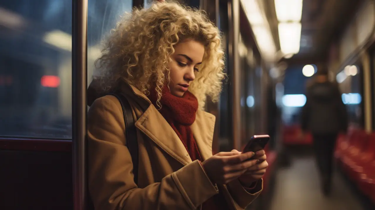 A blond woman using her smartphone on a bus at night
